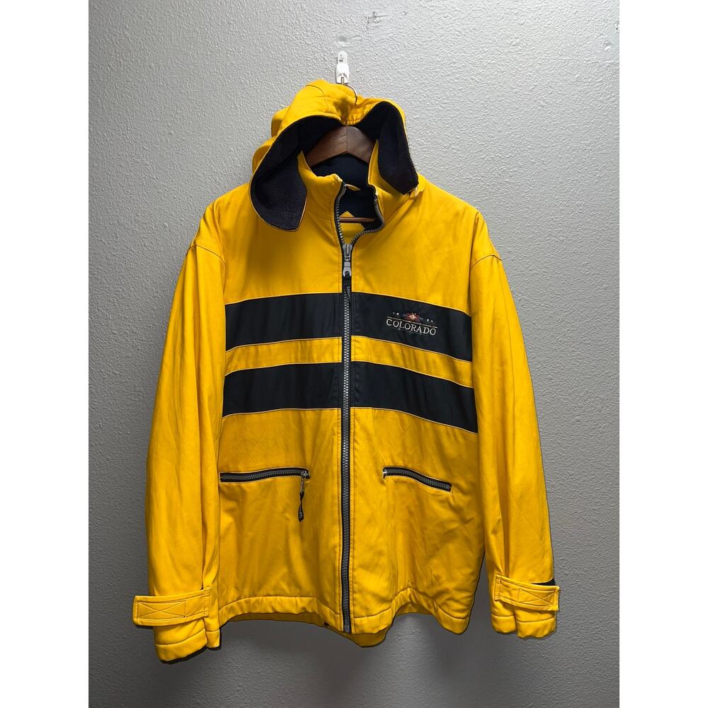 Vintage Colorado Jacket Black Yellow Full Zip Hooded Polyvinyl VTG Medium